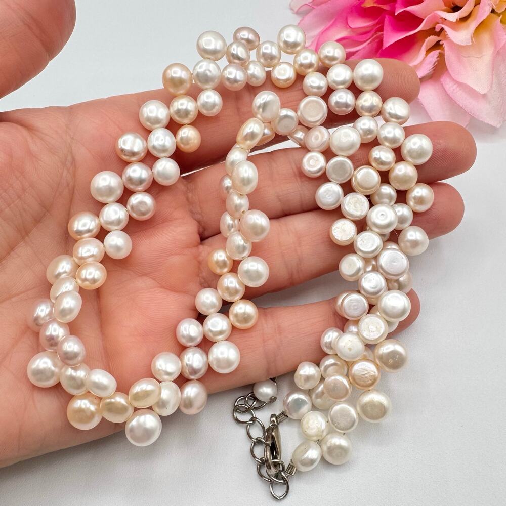 Layered Genuine Button Pearl Necklace Cream Peach Pink Wedding Season Bridal - Picture 12 of 15